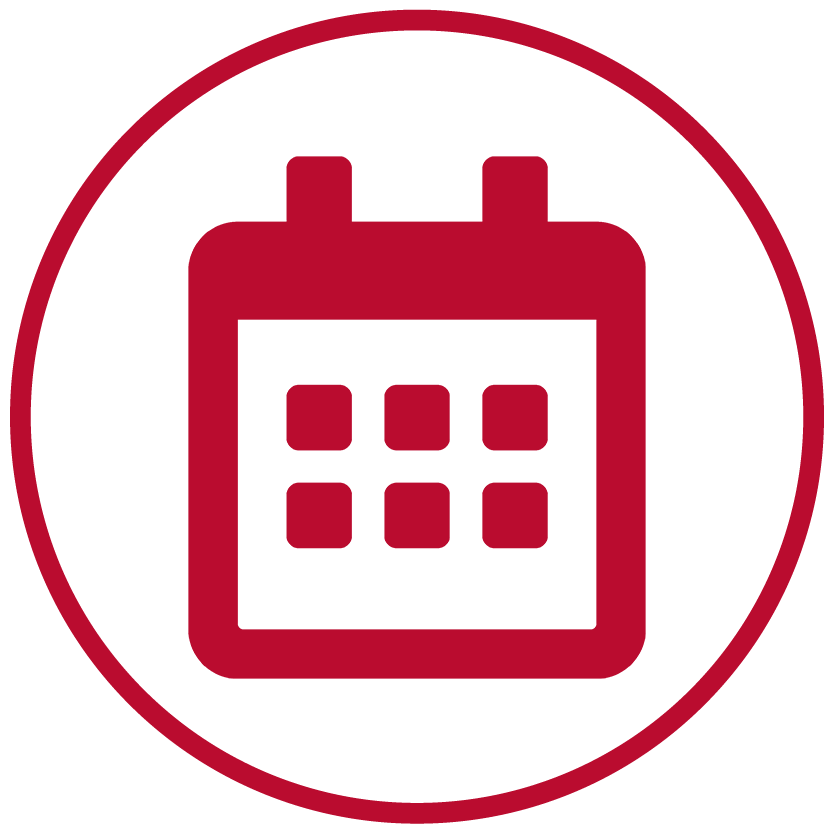 An icon graphic of a red wall calendar surrounded by a red circle.