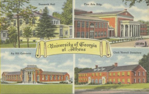 A 1939 postcard showing Snelling Hall (then called Ag Hill Cafeteria, lower left). Denmark Hall (upper left) was condtructed in 1901 as a campus dining hall and students commonly referred to this dining operation as the "Beanery". In 1950, Denmark Hall was converted into an academic building. 